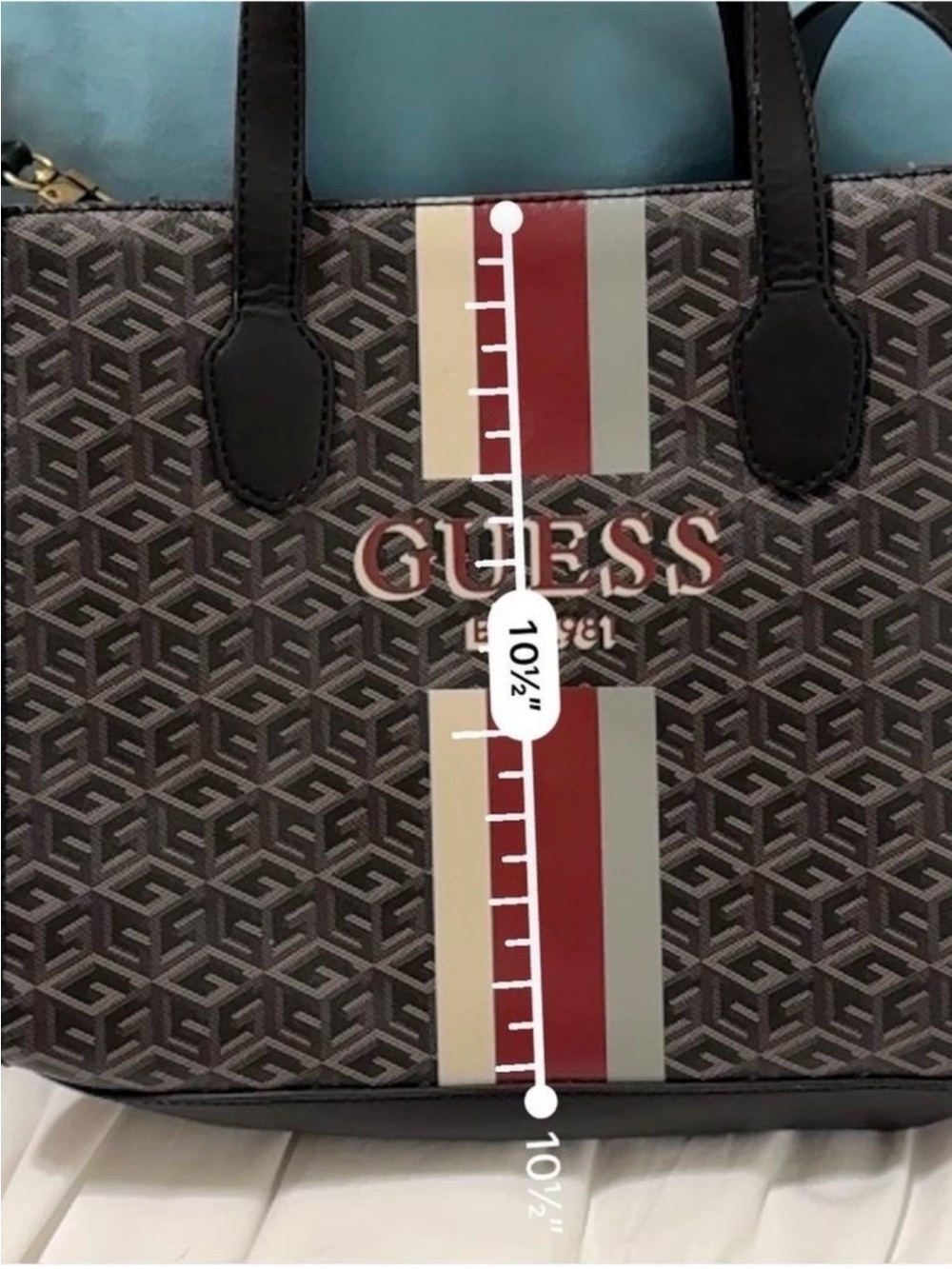 GUESS Monogram Logo Satchel Tote Crossbody Bag Brown Burgundy Stripe - Picture 4 of 8